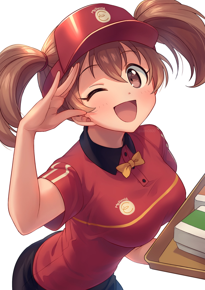 1girl ;d bangs blush bow breasts brown_eyes brown_hair employee_uniform fast_food_uniform hair_between_eyes hataraku_maou-sama! highres large_breasts long_hair looking_at_viewer one_eye_closed open_mouth sasaki_chiho sayshownen short_hair short_twintails simple_background skirt smile solo tray twintails uniform visor_cap white_background yellow_bow