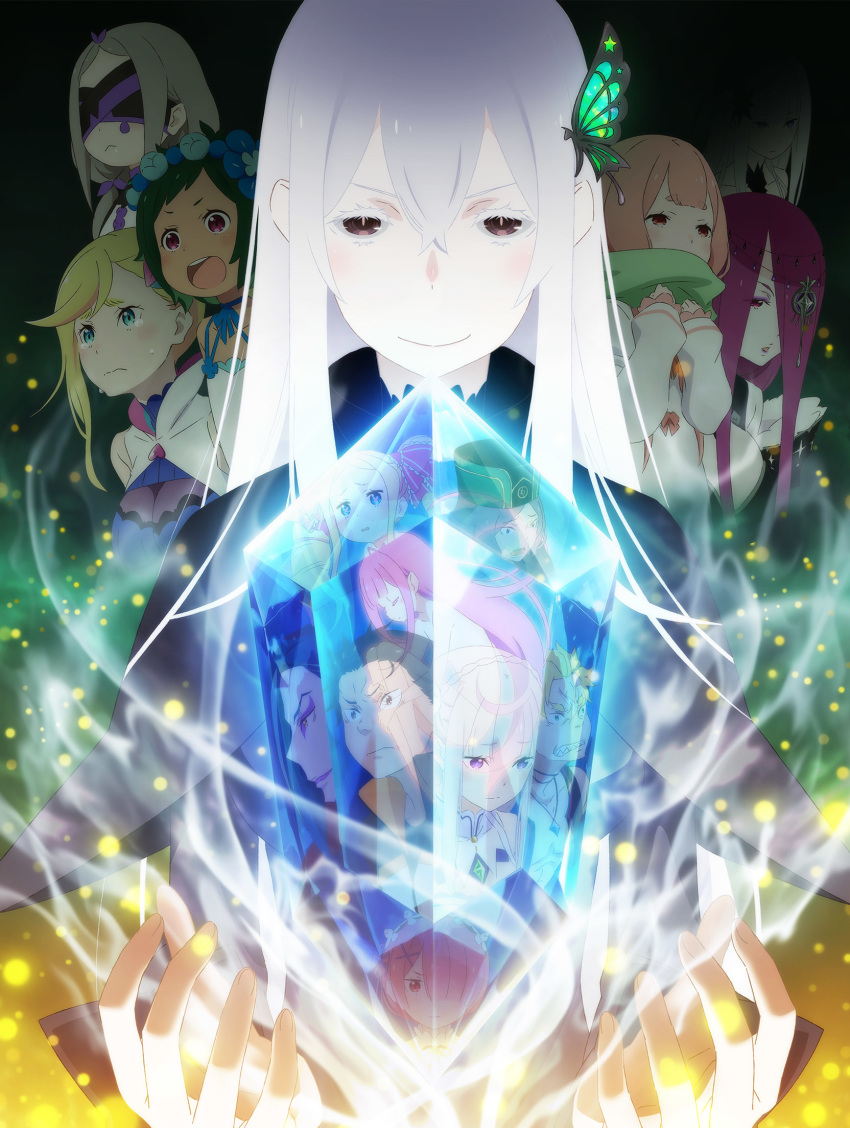 4boys 6+girls butterfly_hair_ornament covered_eyes crystal echidna_(re:zero) emilia_(re:zero) hair_between_eyes hair_ornament highres key_visual long_hair looking_at_viewer multiple_boys multiple_girls natsuki_subaru official_art ram_(re:zero) re:zero_kara_hajimeru_isekai_seikatsu roswaal_l._mathers short_hair tearing_up violet_eyes white_hair