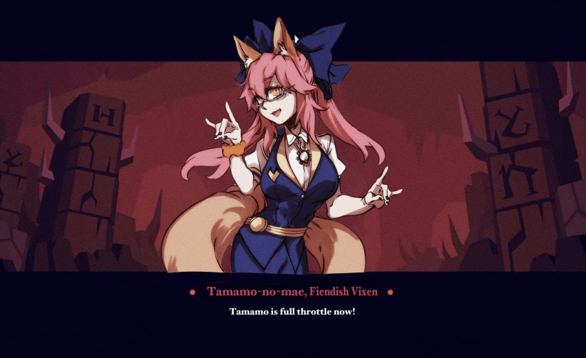 1girl animal_ear_fluff animal_ears blue_ribbon breasts commentary costume double_fox_shadow_puppet eyebrows_visible_through_hair fate/extra fate_(series) formal fox_ears fox_girl fox_shadow_puppet fox_tail glasses hair_ribbon helltaker highres large_breasts looking_at_viewer lucerna_lunam nail_polish office_lady pink_hair ribbon semi-rimless_eyewear solo tail tamamo_(fate)_(all) tamamo_no_mae_(fate) yellow_eyes