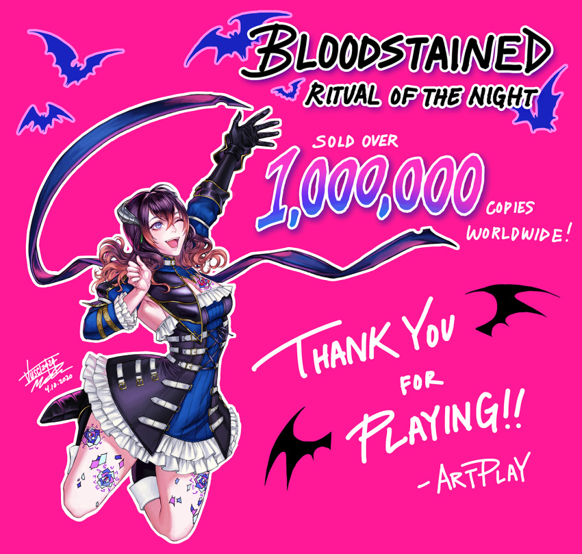 1girl bat black_hair bloodstained:_ritual_of_the_night blue_eyes gauntlets gradient_hair hair_between_eyes hair_ornament hand_up highres miriam_(bloodstained) multicolored_hair official_art one_eye_closed pink_background solo tattoo vusc