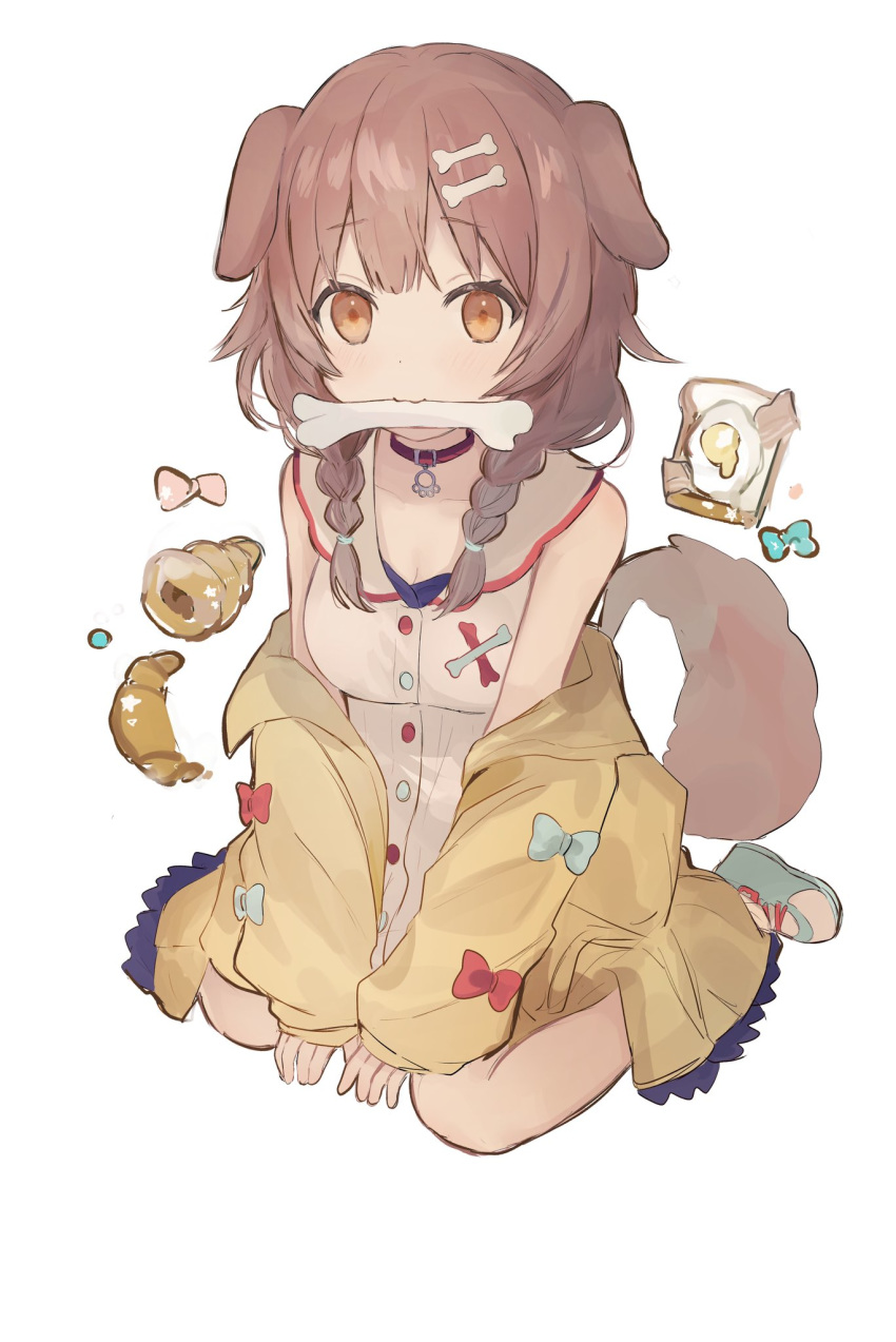 1girl animal_ears bakery bangs blue_bow blush bone bone_hair_ornament bow brown_eyes brown_hair collar croissant dog_collar dog_ears dog_girl dog_tail dress eyebrows_visible_through_hair food hair_over_shoulder highres hololive inugami_korone jacket looking_at_viewer low_twin_braids mouth_hold neku01n off_shoulder red_bow shop simple_background sitting solo tail virtual_youtuber wariza white_background white_dress yellow_jacket