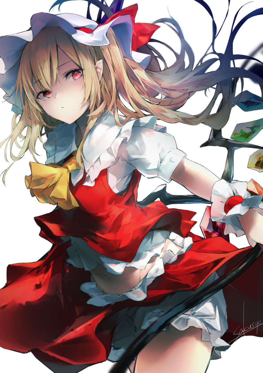 1girl artist_name bangs blonde_hair bloomers commentary cowboy_shot crystal eyebrows_visible_through_hair flandre_scarlet frilled_shirt_collar frills hat hat_ribbon highres long_hair looking_at_viewer midriff mob_cap pointy_ears puffy_short_sleeves puffy_sleeves red_eyes red_ribbon red_skirt red_vest ribbon sakusyo shirt short_sleeves signature simple_background skirt skirt_set solo standing touhou underwear vest white_background white_headwear white_shirt wings wrist_cuffs