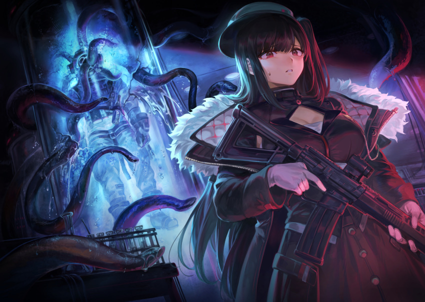 1girl assault_rifle black_hair breasts character_request diving_suit fur_trim gun highres holding holding_gun holding_weapon jacket knives_out large_breasts liquid long_hair mashuu_(neko_no_oyashiro) one_side_up red_eyes rifle stasis_tank sweatdrop tentacles trigger_discipline weapon weapon_request