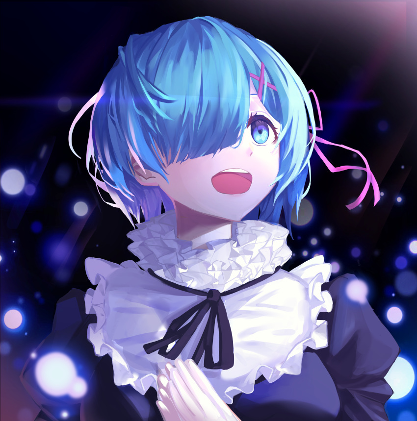 1girl :d absurdres black_ribbon blue_eyes blue_hair blue_theme dbeka0622 hair_ornament hair_over_one_eye hair_ribbon highres neck_ribbon open_mouth pink_ribbon re:zero_kara_hajimeru_isekai_seikatsu rem_(re:zero) ribbon short_hair smile solo upper_body x_hair_ornament