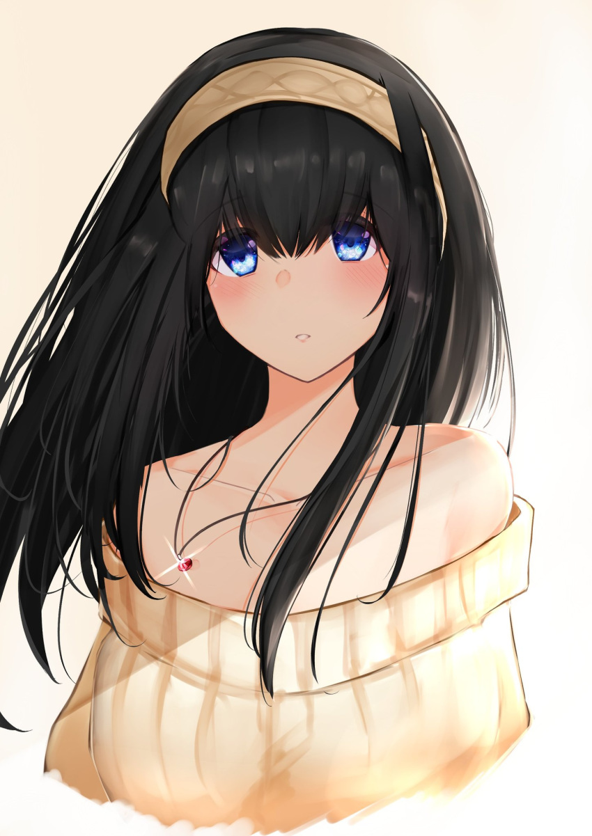 1girl black_hair blue_eyes blue_shawl blue_shirt blush book book_stack brown_hairband brown_skirt collarbone commentary_request hairband highres holding holding_book idolmaster idolmaster_cinderella_girls jewelry long_hair loose_clothes loose_shirt necklace open_mouth sagisawa_fumika sekia998 shirt skirt solo speech_bubble translation_request