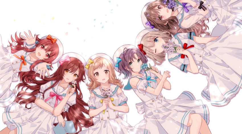 6+girls ahoge bangs black_ribbon blonde_hair blue_bow blue_eyes blue_hair blue_ribbon book bow brown_eyes collarbone crossed_bangs detached_sleeves dress eyebrows_visible_through_hair flower from_above gocoli hat hat_bow highres holding holding_book holding_flower idolmaster long_hair looking_at_viewer lying multiple_girls on_back one_eye_closed open_book orange_bow orange_ribbon outstretched_arms petals pink_bow pink_ribbon purple_bow purple_ribbon red_bow red_eyes red_ribbon redhead ribbon see-through_sleeves short_hair short_sleeves sidelocks simple_background smile tareme white_background white_dress white_headwear yellow_bow yellow_eyes yellow_ribbon