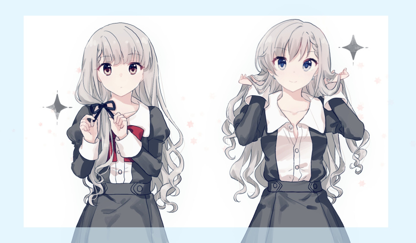 2girls adjusting_hair bangs black_dress blue_eyes bow braid braided_bangs brown_eyes collarbone dress eyebrows_visible_through_hair gocoli grey_hair hair_tie highres hisakawa_hayate hisakawa_nagi idolmaster idolmaster_cinderella_girls idolmaster_cinderella_girls_starlight_stage long_hair looking_at_viewer low_twintails multiple_girls red_bow red_neckwear siblings simple_background sisters smile tareme twins twintails two-tone_background tying_hair