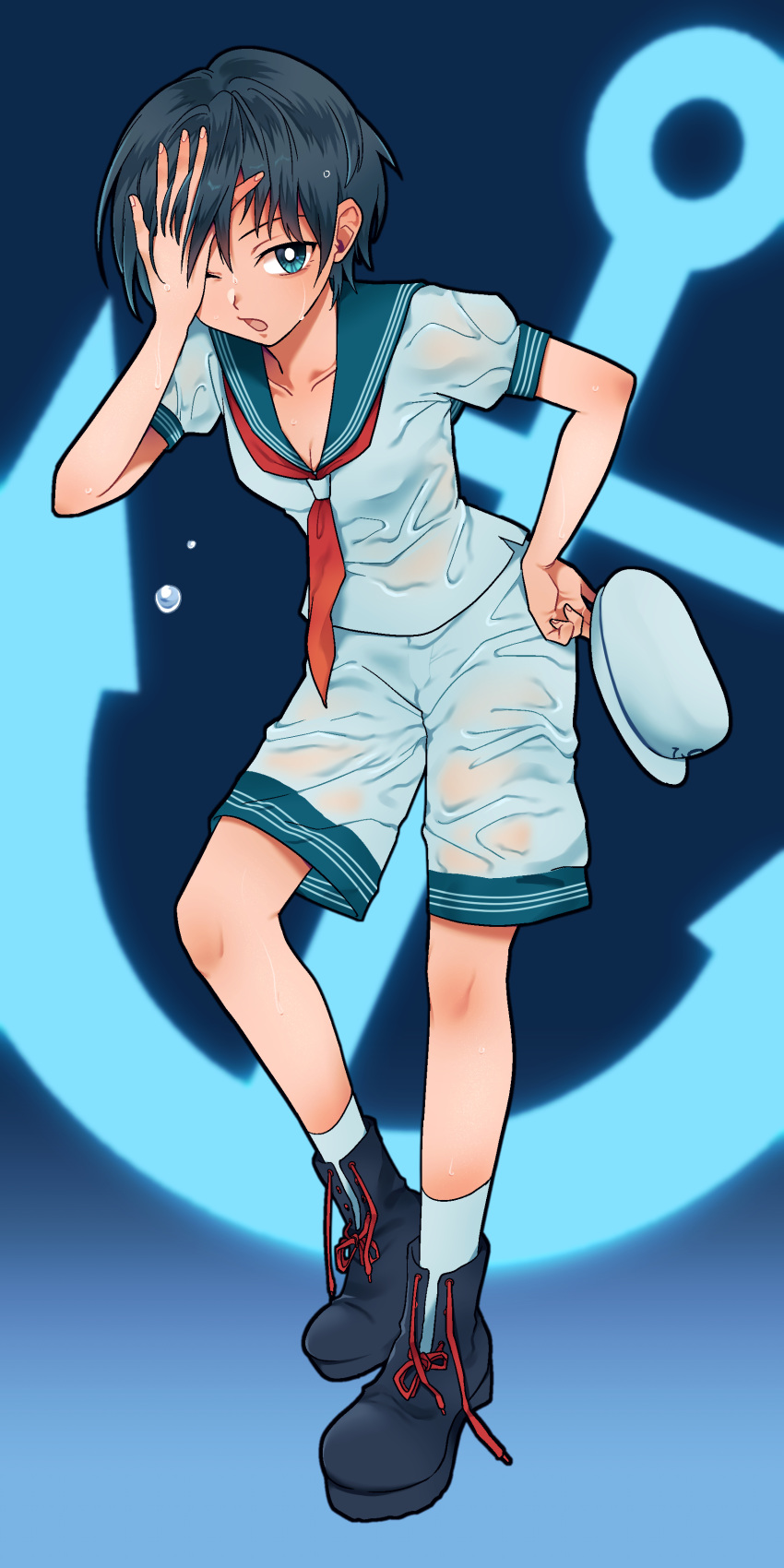 1girl absurdres anchor_symbol black_hair blue_background blue_eyes boots commentary_request full_body hand_in_hair hand_over_eye hat hat_removed headwear_removed highres looking_at_viewer mito_(mo96g) murasa_minamitsu neckerchief open_mouth red_neckwear sailor_hat shirt shoelaces short_hair short_sleeves shorts socks solo touhou wet wet_clothes white_shirt white_shorts