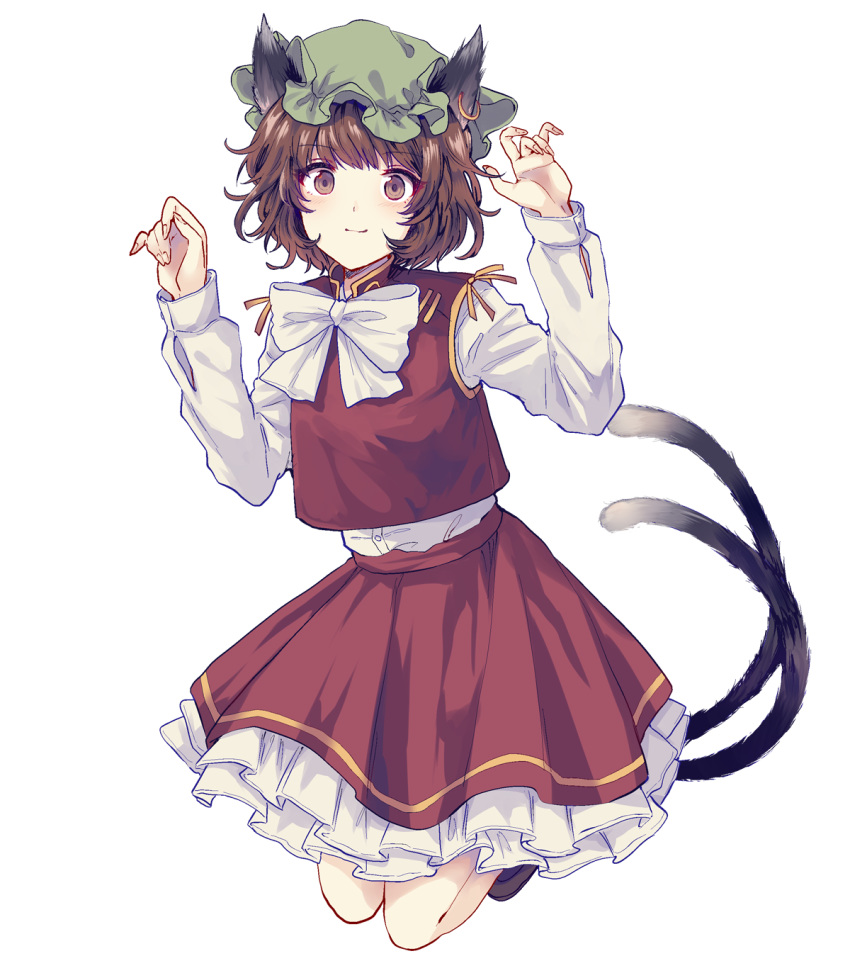 1girl animal_ears blouse bow bowtie brown_eyes brown_hair cat_ears cat_tail chen earrings green_headwear hat highres hoop_earrings jewelry long_sleeves mob_cap multiple_tails red_skirt red_vest simple_background single_earring skirt solo tail touhou two_tails uranaishi_(miraura) vest white_background white_blouse white_neckwear