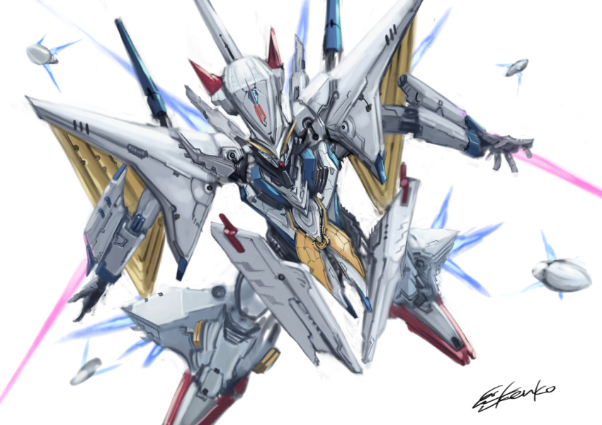 beam_saber from_below funnels gundam gundam_hathaway's_flash kenko_(a143016) mecha no_humans penelope_(hathaway's_flash) robot signature solo thrusters wrist_blades