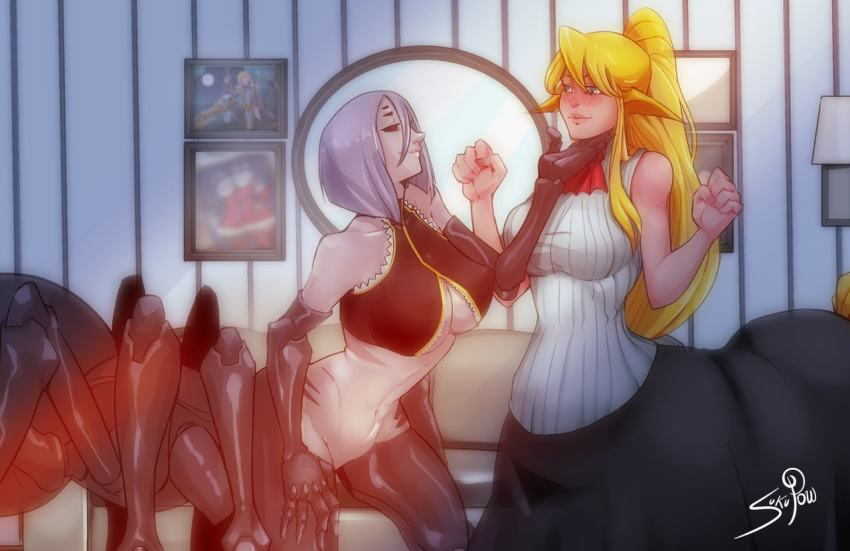 2girls animal_ears arachne black_sclera blonde_hair bob_cut breasts carapace centaur centauroid centorea_shianus chin_grab clenched_hands cravat criss-cross_halter crop_top extra_eyes halterneck horse_ears indoors insect_girl large_breasts lavender_hair light_smile long_hair long_pointy_ears monster_girl monster_musume_no_iru_nichijou multiple_girls multiple_legs navel nose pink_lips pointy_ears ponytail rachnera_arachnera red_eyes shirt sleeveless sleeveless_shirt spider_girl tail under_boob yuri zukupow