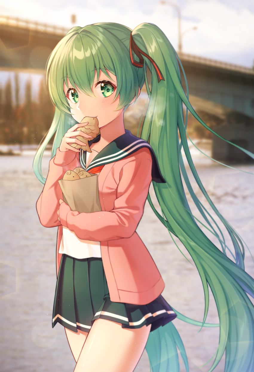 1girl bag bangs black_sailor_collar black_skirt blurry blurry_background cardigan collarbone collared_shirt cowboy_shot day eating eyebrows_visible_through_hair floating_hair food green_eyes green_hair hair_between_eyes hair_ribbon hatsune_miku highres holding holding_bag holding_food long_hair looking_at_viewer miniskirt neckerchief open_cardigan open_clothes outdoors paper_bag pine_(angel4195202) pink_cardigan pleated_skirt red_neckwear red_ribbon ribbon sailor_collar sailor_shirt school_uniform serafuku shiny shiny_hair shirt skirt solo standing twintails very_long_hair vocaloid white_shirt