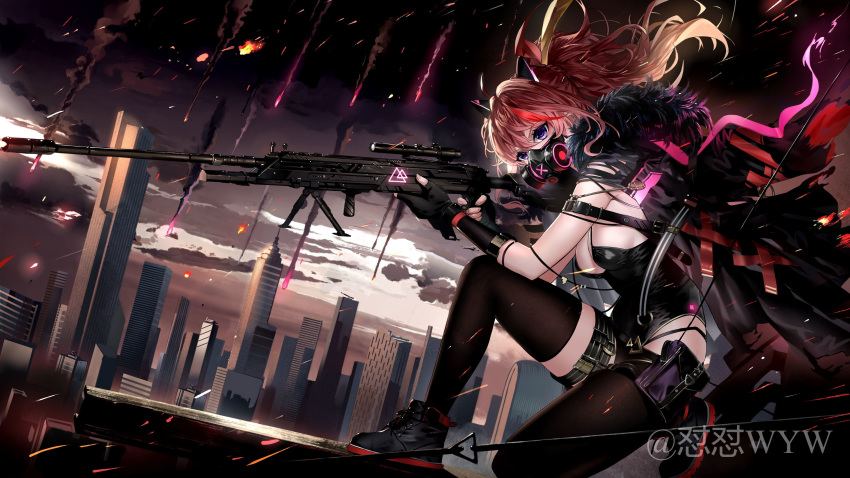 1girl absurdres aiming animal_ears bare_shoulders black_cape black_footwear black_gloves black_legwear black_leotard breasts building burning cape cat_ears city clouds cloudy_sky commentary_request extra_ears falling finger_on_trigger fingerless_gloves floating_hair fur-trimmed_cape fur_trim gloves gun hair_ornament highres holding holding_gun holding_weapon leotard long_hair looking_away medium_breasts one_knee original outdoors ponytail pouch redhead rifle shoes sky skyscraper sleeveless smoke sneakers solo spaghetti_strap strap tameiki thigh-highs thigh_pouch thigh_strap violet_eyes weapon