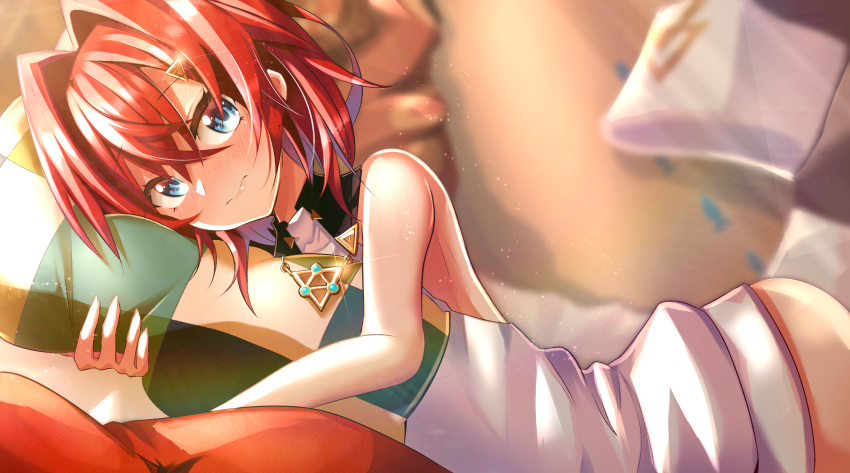 1girl absurdres ange_katrina blue_eyes destiny549-2 eyebrows_visible_through_hair hair_ornament highres looking_up nijisanji pillow pillow_hug redhead short_hair solo triangle triangle_hair_ornament virtual_youtuber