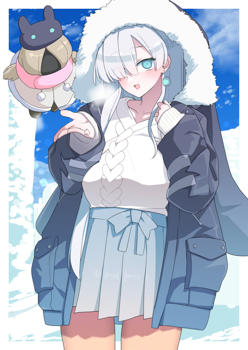 1girl akitokage01 anastasia_(fate/grand_order) bangs blue_eyes blue_skirt blue_sky blush breasts coat collarbone doll earrings fate/grand_order fate_(series) fur-trimmed_coat fur_trim grey_coat hair_over_one_eye highres hood hood_up hooded_coat jewelry large_breasts long_hair long_sleeves looking_at_viewer open_mouth pleated_skirt silver_hair skirt sky smile snow sweater thighs white_sweater