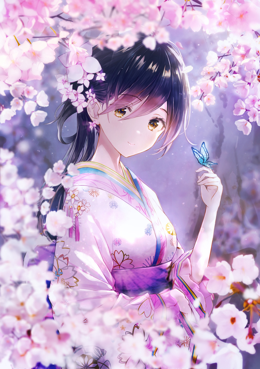 1girl absurdres an64239626 bangs black_hair blurry_foreground brown_eyes butterfly_on_hand eyebrows_visible_through_hair flower gradient_hair hair_between_eyes highres houchi_shoujo japanese_clothes kimono long_hair long_sleeves multicolored_hair pink_flower pink_hair print_kimono solo upper_body white_kimono
