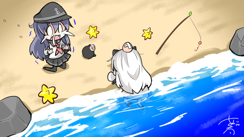 2girls akatsuki_(kantai_collection) anchor_symbol artist_name bangs beach black_legwear chibi commentary commentary_request doubutsu_no_mori fish_hood fishing_line fishing_rod hair_between_eyes hat kantai_collection long_hair long_sleeves looking_at_another multiple_girls northern_ocean_hime nyonyonba_tarou ocean outdoors purple_hair red_neckwear sand school_uniform shinkaisei-kan shirt skirt standing star_(symbol) striped waves white_shirt