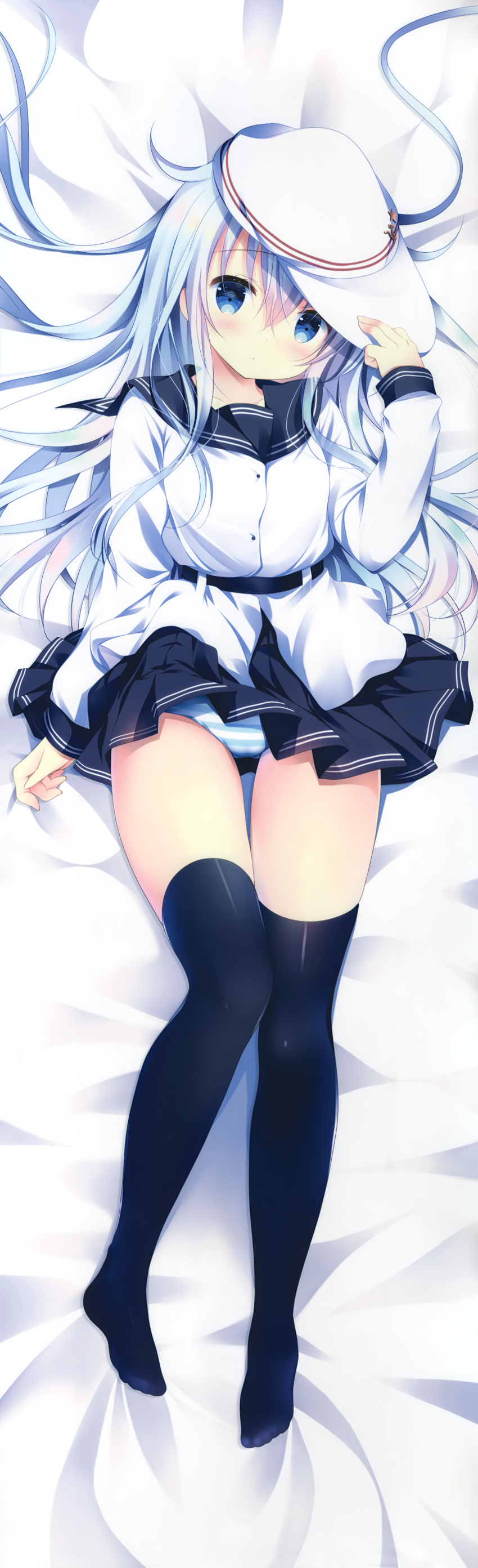 1girl absurdres bangs baseball_cap bed_sheet belt black_belt black_legwear black_sailor_collar black_skirt blue_eyes blush closed_mouth dakimakura eyebrows_visible_through_hair from_above full_body hair_between_eyes hat hibiki_(kantai_collection) highres huge_filesize jacket kantai_collection long_hair long_sleeves looking_at_viewer lying miniskirt on_back panties plaid plaid_skirt sailor_collar shiny_legwear shirogane_hina silver_hair skirt solo striped striped_panties thigh-highs thigh_gap underwear verniy_(kantai_collection) very_long_hair white_headwear white_jacket