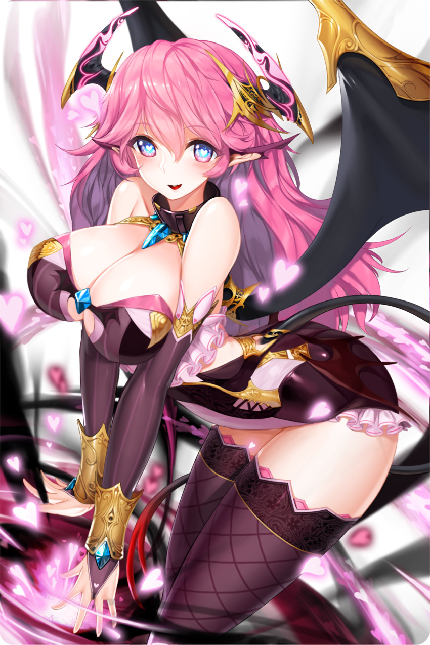 1girl black_dress black_gloves black_legwear blue_eyes blush breasts bridal_gauntlets collar demon_girl demon_tail demon_wings dress elbow_gloves gloves gradient_eyes heart heart-shaped_pupils highres horns large_breasts lilith_(soccer_spirits) long_hair multicolored multicolored_eyes open_mouth purple_hair smile snowball22 soccer_spirits solo symbol-shaped_pupils tail thigh-highs thighs wings