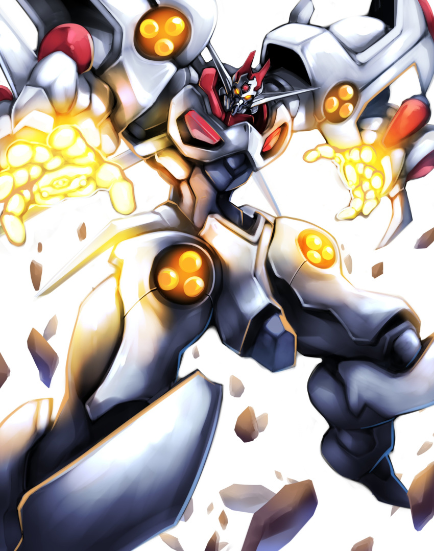 absurdres dangaioh_hyper_combat_unit dangaiou glowing glowing_eyes glowing_hands haganef highres looking_at_viewer looking_down mecha no_humans solo super_robot white_background yellow_eyes