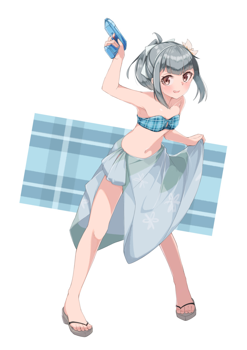 1girl absurdres bandeau bikini breasts brown_eyes commentary_request cosplay full_body green_bikini grey_hair hair_ribbon highres kantai_collection long_hair looking_at_viewer ooyodo_(kantai_collection) ooyodo_(kantai_collection)_(cosplay) plaid plaid_bikini ponytail remodel_(kantai_collection) ribbon sandals sarong small_breasts solo standing strapless strapless_bikini swimsuit uut water_gun white_background white_ribbon yuubari_(kantai_collection)