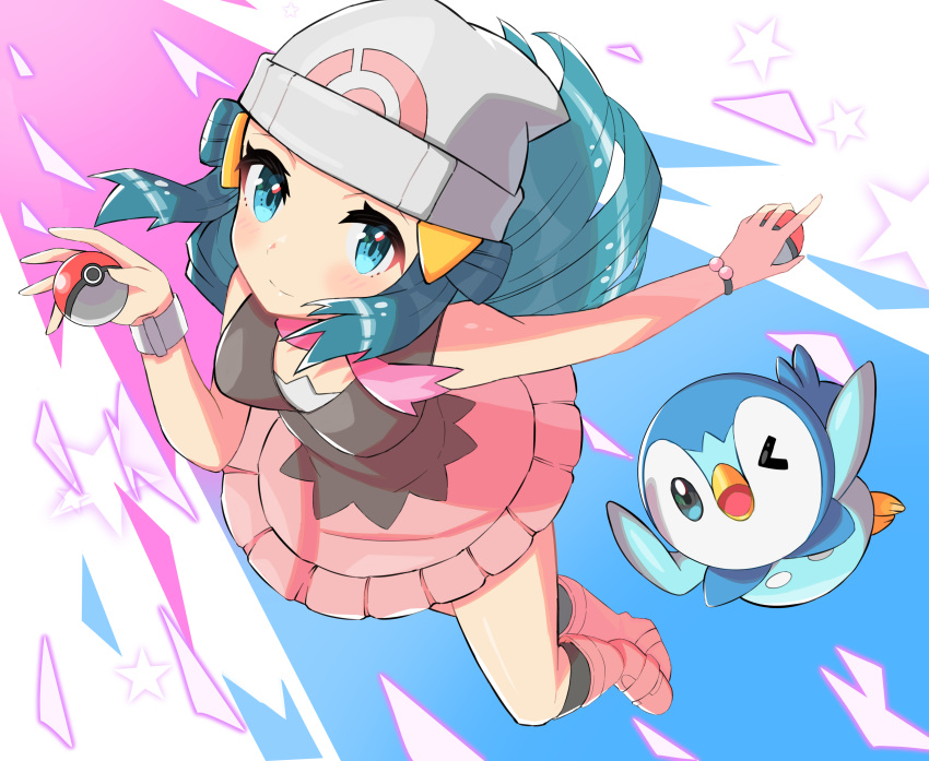 1girl absurdres aimubaniran beanie black_legwear blue_eyes blue_hair boots breasts closed_mouth commentary_request dual_wielding from_above gen_4_pokemon hat highres hikari_(pokemon) holding holding_poke_ball long_hair looking_at_viewer pink_footwear pink_scarf piplup poke_ball poke_ball_(generic) poke_ball_print pokemon pokemon_(anime) pokemon_(creature) pokemon_dppt_(anime) scarf shiny shiny_hair smile socks starter_pokemon white_headwear