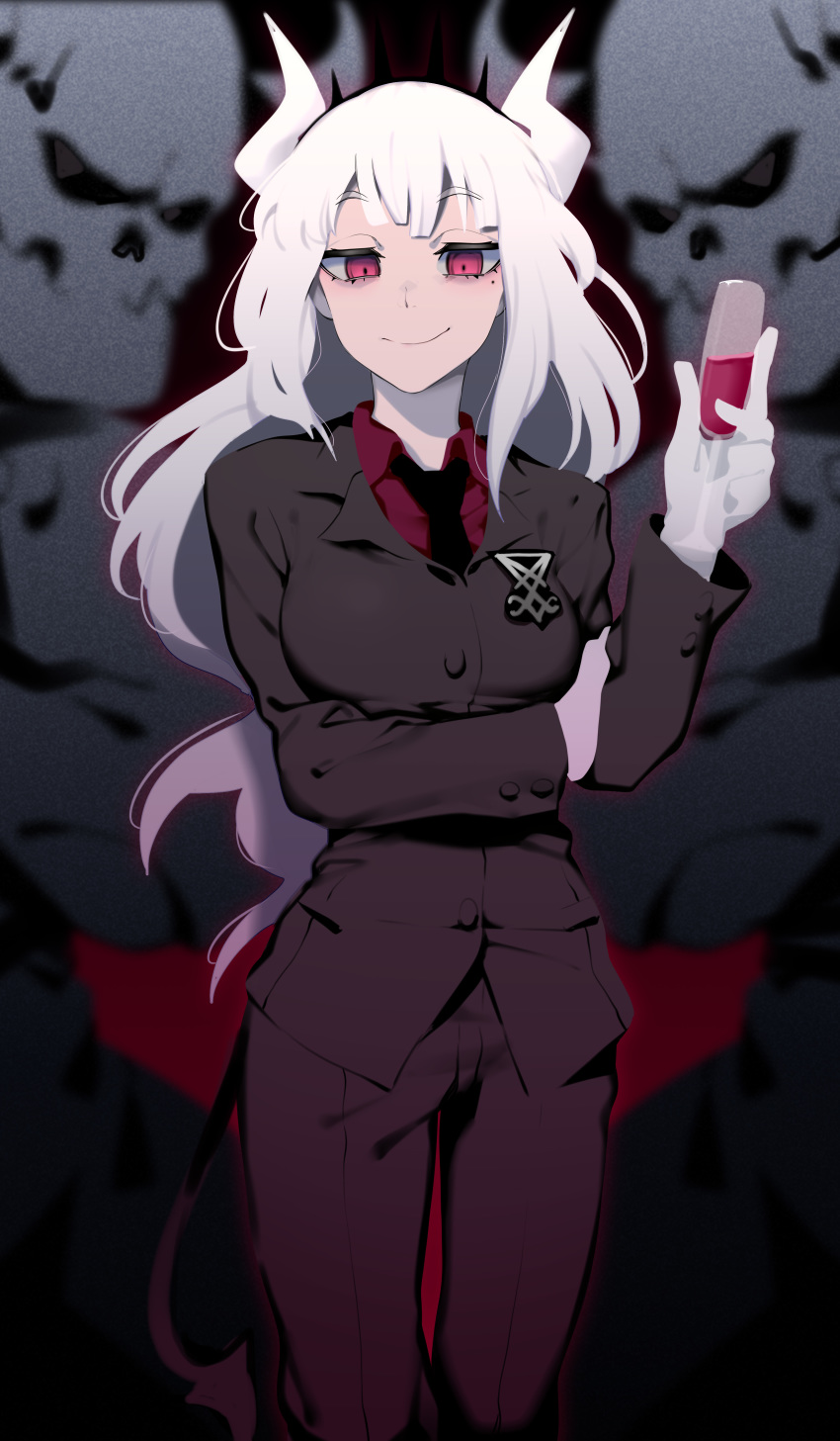 1girl absurdres alcohol black_neckwear blush breasts closed_mouth collared_shirt demon_girl demon_horns demon_tail eyebrows_visible_through_hair gloves helltaker highres horns large_breasts long_hair looking_at_viewer lucifer_(helltaker) mole mole_under_eye necktie red_eyes red_shirt shirt smile solo st_(youx1119) tail white_gloves white_hair wine
