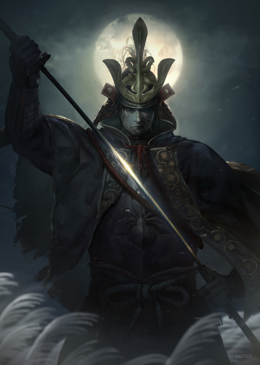 1boy absurdres armor ashina_genichirou black_hair blood blood_on_face commentary_request cowboy_shot full_moon gauntlets highres huge_filesize japanese_armor katana moon night night_sky od620 sekiro:_shadows_die_twice sheath sky solo sword tagme twitter_username unsheathing weapon