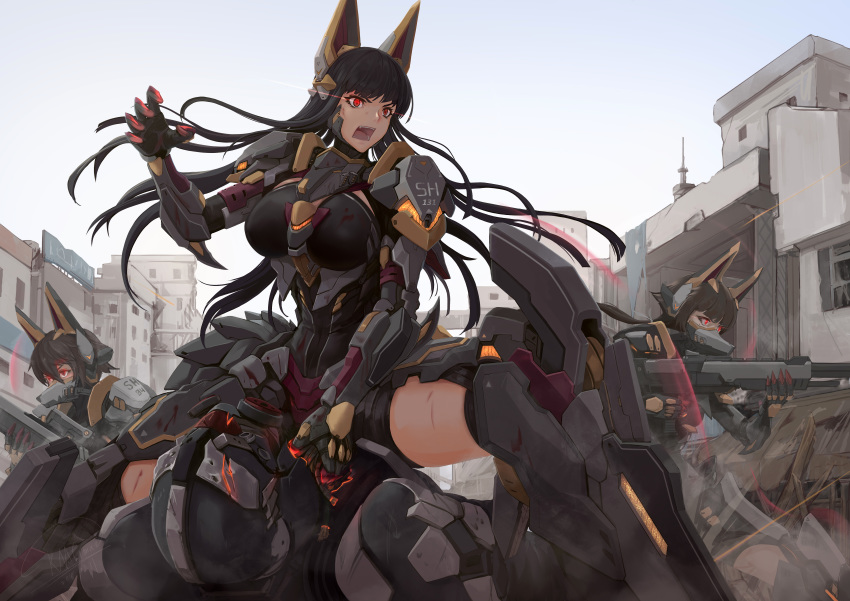 1boy 3girls absurdres angry animal_ears armor assault_rifle black_hair breasts claw_(weapon) claw_pose commentary_request fake_animal_ears fangs glowing glowing_eyes gun headgear highres large_breasts long_hair mask mecha_musume multiple_girls open_mouth original red_eyes rifle ruins science_fiction short_hair shou_mai sitting sitting_on_person war weapon