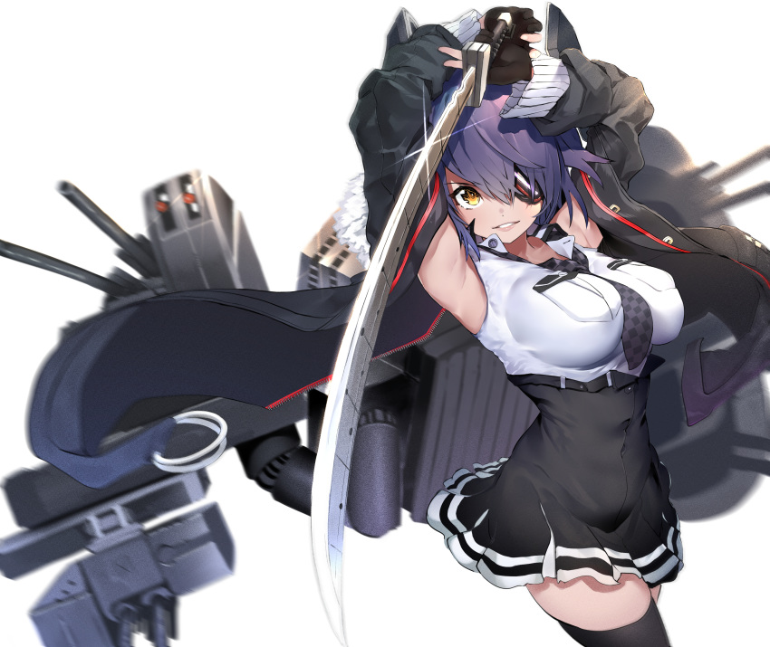 1girl absurdres arms_up bangs black_gloves black_jacket black_legwear black_skirt breast_pocket breasts checkered checkered_neckwear eyepatch gegeron gloves high-waist_skirt highres holding holding_sword holding_weapon jacket kantai_collection large_breasts lips long_sleeves necktie pocket purple_hair rigging shirt simple_background skindentation skirt sleeveless sleeveless_shirt solo sword tenryuu_(kantai_collection) thigh-highs weapon white_background white_shirt yellow_eyes