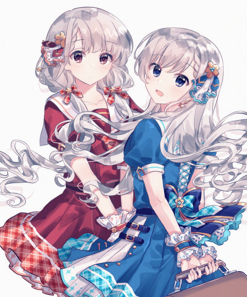 2girls back_bow bangs blue_bow blue_dress blue_eyes bow braid braided_bangs briefcase brown_eyes dress eyebrows_visible_through_hair flower frilled_dress frills gocoli hair_bow hair_flower hair_ornament hair_tie hands_together highres hisakawa_hayate hisakawa_nagi holding_briefcase idolmaster idolmaster_cinderella_girls idolmaster_cinderella_girls_starlight_stage long_hair looking_at_viewer low_twintails multiple_girls neckerchief open_mouth puffy_short_sleeves puffy_sleeves red_bow red_dress sailor_collar short_sleeves siblings silver_hair simple_background sisters tareme twins twintails white_background white_sailor_collar wristband