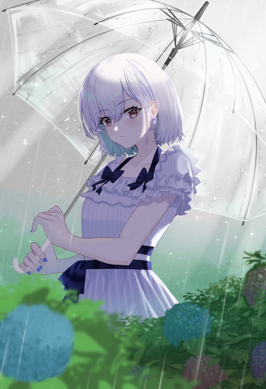 1girl bangs black_bow blue_nails blurry blurry_foreground blush bow bush closed_mouth collarbone day depth_of_field dress earrings eyebrows_visible_through_hair flower flower_earrings frilled_dress frills highres holding holding_umbrella hydrangea jewelry kuwahara_taiki looking_at_viewer nail_polish original outdoors rain short_hair short_sleeves silver_hair solo transparent_background umbrella violet_eyes water white_dress