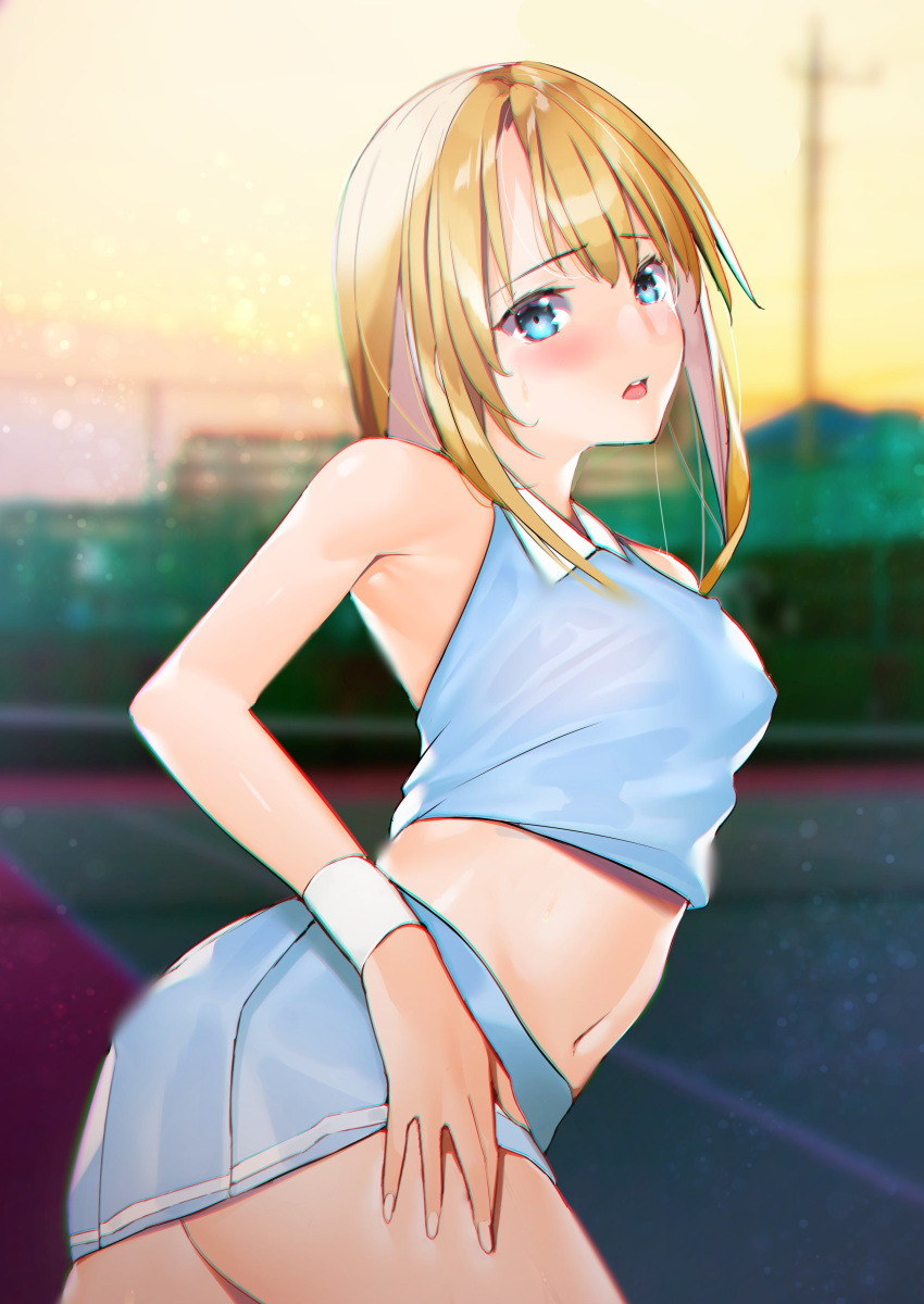 1girl absurdres armpits bare_shoulders belly blonde_hair blue_eyes blue_shirt blue_skirt blush character_request copyright_request highres looking_at_viewer mairudo_(mildcoffee1117) navel open_mouth shirt short_hair skirt solo stomach tennis_court thighs wristband