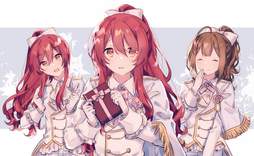 3girls ahoge blush braid brown_hair collar cravat eyebrows_visible_through_hair frilled_sleeves frills gift gloves gocoli hair_between_eyes highres holding holding_gift idolmaster idolmaster_shiny_colors kuwayama_chiyuki long_hair long_sleeves looking_at_viewer military military_uniform multiple_girls necktie oosaki_amana oosaki_tenka open_mouth pants pink_neckwear ponytail siblings sidelocks sisters tareme twins two-tone_background uniform white_collar white_gloves white_pants yellow_eyes