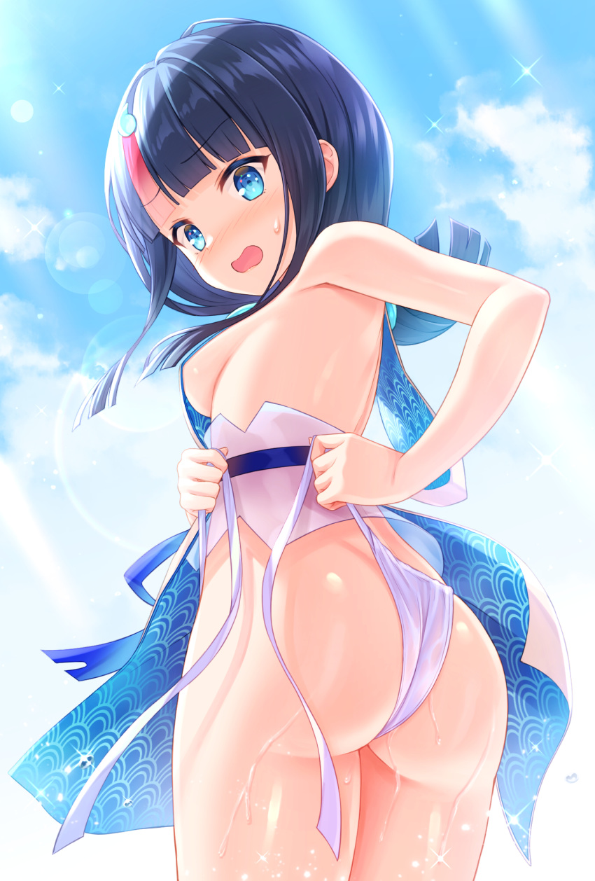 1girl ass back bangs bare_shoulders black_hair blue_eyes blue_ribbon blue_sky blush breasts dress fate/grand_order fate/requiem fate_(series) fundoshi highres japanese_clothes jewelry looking_at_viewer magatama magatama_hair_ornament medium_breasts medium_hair multicolored_hair necklace open_mouth pelvic_curtain pink_hair ribbon short_dress sideboob sideless_outfit sky streaked_hair thighs tomo_(user_hes4085) utsumi_erise wet white_dress