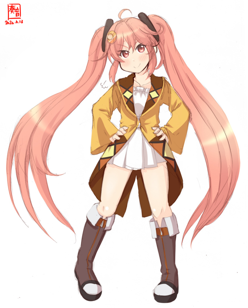 1girl =3 ahoge aihara_enju aihara_enju_(cosplay) alternate_hairstyle artist_logo black_bullet boots brown_coat brown_footwear coat commentary_request cosplay crescent crescent_hair_ornament dated dress full_body hair_ornament hands_on_hips highres kanon_(kurogane_knights) kantai_collection long_hair looking_at_viewer pigeon-toed pink_eyes pink_hair simple_background solo standing twintails uzuki_(kantai_collection) white_background white_dress