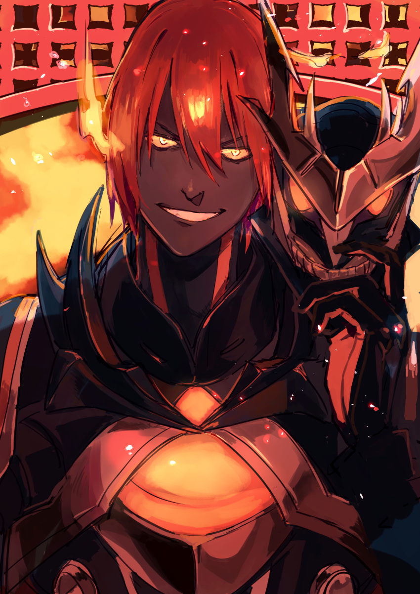 1boy absurdres ame_(syume_ruzin) ashwatthama_(fate/grand_order) bangs dark_skin dark_skinned_male embers fate/grand_order fate_(series) fire forehead_jewel gem gloves glowing glowing_eyes highres holding holding_mask long_sleeves looking_at_viewer male_focus mask mask_removed muscle redhead smile solo teeth toned toned_male upper_body yellow_eyes