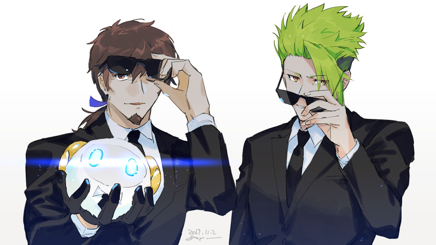 1other 2boys achilles_(fate) adjusting_eyewear alternate_costume apollo_(fate) bangs black_gloves bow bowtie brown_eyes brown_hair eyebrows_visible_through_hair eyes_visible_through_hair eyewear_on_head facial_hair fate/apocrypha fate/grand_order fate_(series) formal gloves glowing glowing_eyes goatee goya_(xalbino) green_hair hair_ribbon hector_(fate/grand_order) highres holding looking_at_viewer male_focus multicolored_hair multiple_boys necktie one_eye_closed open_mouth ponytail ribbon sheep shiny shiny_hair signature smile solo stuffed_animal stuffed_toy suit sunglasses upper_body white_background yellow_eyes