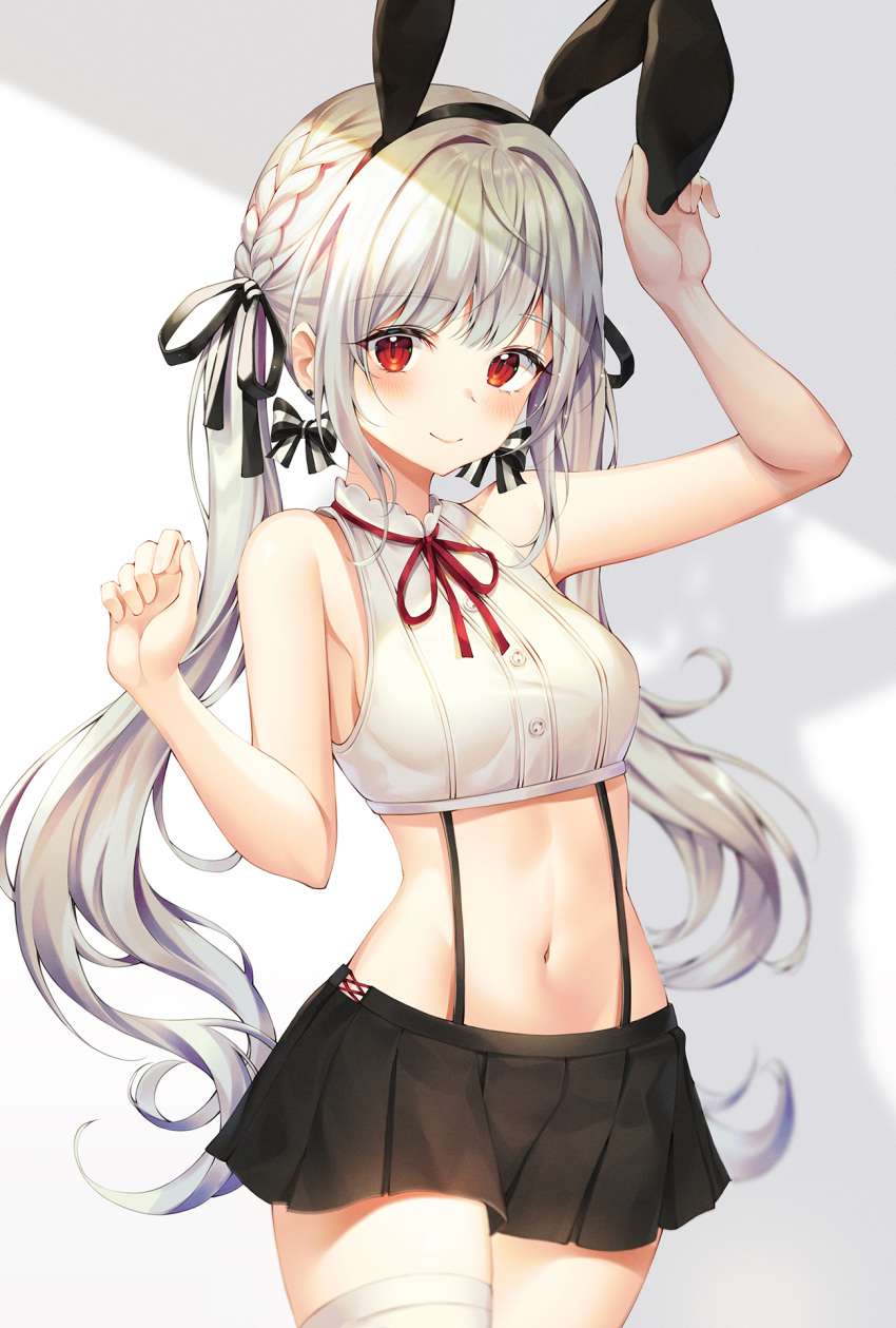 1girl animal_ears arm_up armpits bare_arms bare_shoulders black_skirt blurry braid breasts buttons cowboy_shot crop_top earrings fake_animal_ears french_braid garter_straps groin hair_ribbon hairband hand_up highres jewelry long_hair looking_at_viewer medium_breasts mellozzo midriff miniskirt navel neck_ribbon original pleated_skirt rabbit_ears red_eyes red_neckwear ribbon shirt sidelocks silver_hair skirt sleeveless sleeveless_shirt smile solo stomach thigh-highs thighs twintails very_long_hair white_legwear white_shirt zettai_ryouiki