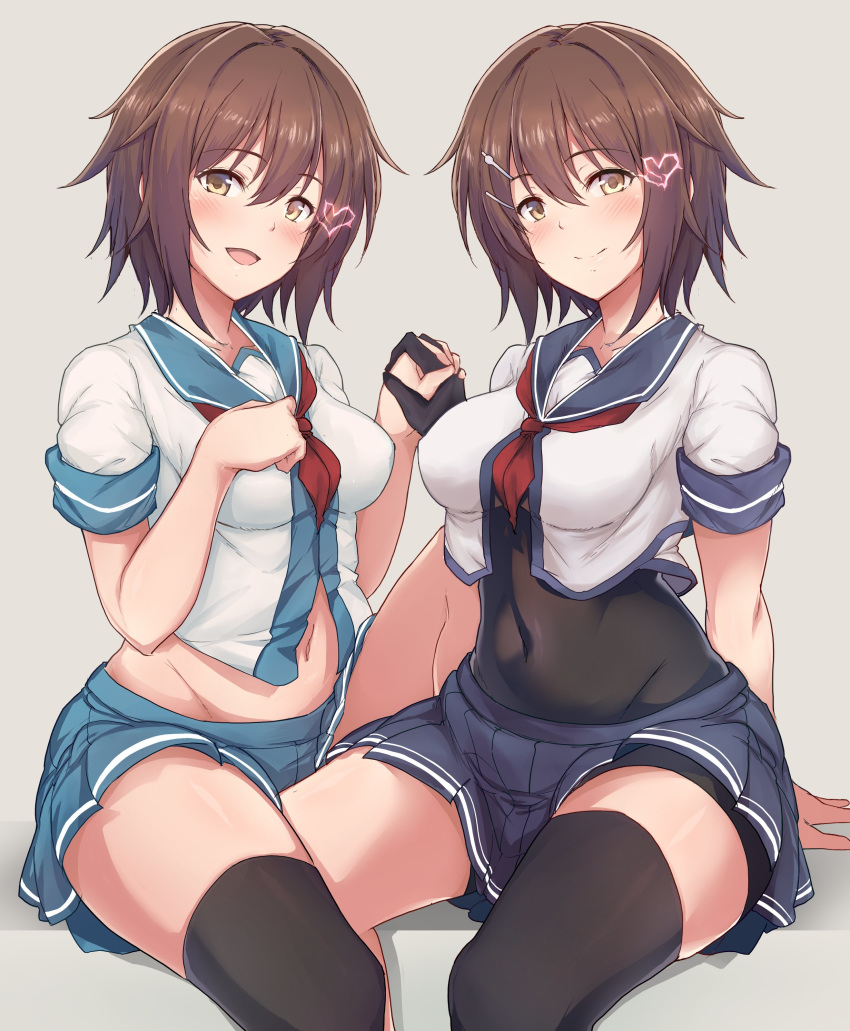 2girls absurdres black_bodysuit blue_sailor_collar blue_skirt bodysuit breasts brown_hair dual_persona elbow_gloves feet_out_of_frame furutaka_(kantai_collection) gloves grey_background hair_ornament hairclip highres kantai_collection medium_breasts multiple_girls pleated_skirt remodel_(kantai_collection) sailor_collar school_uniform serafuku short_hair simple_background single_elbow_glove single_thighhigh sitting skirt suisen_toire_(moko924) thigh-highs