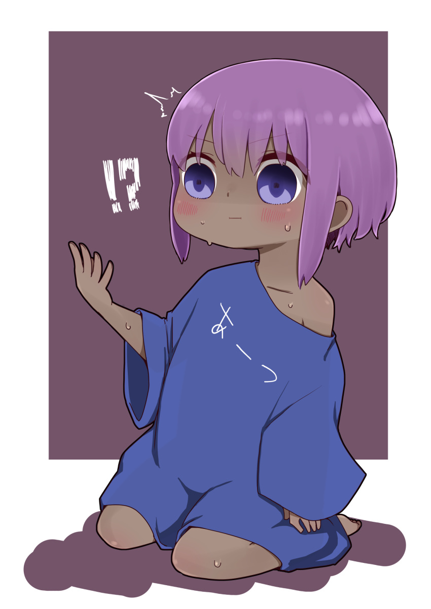 !? /\/\/\ 1girl age_regression arts_shirt blue_shirt blush brown_background closed_mouth collarbone colored_shadow dark_skin fate/prototype fate/prototype:_fragments_of_blue_and_silver fate_(series) hassan_of_serenity_(fate) highres i.u.y long_sleeves off_shoulder oversized_clothes purple_hair seiza shadow shirt sitting sleeves_past_wrists solo sweat two-tone_background violet_eyes white_background wide_sleeves younger