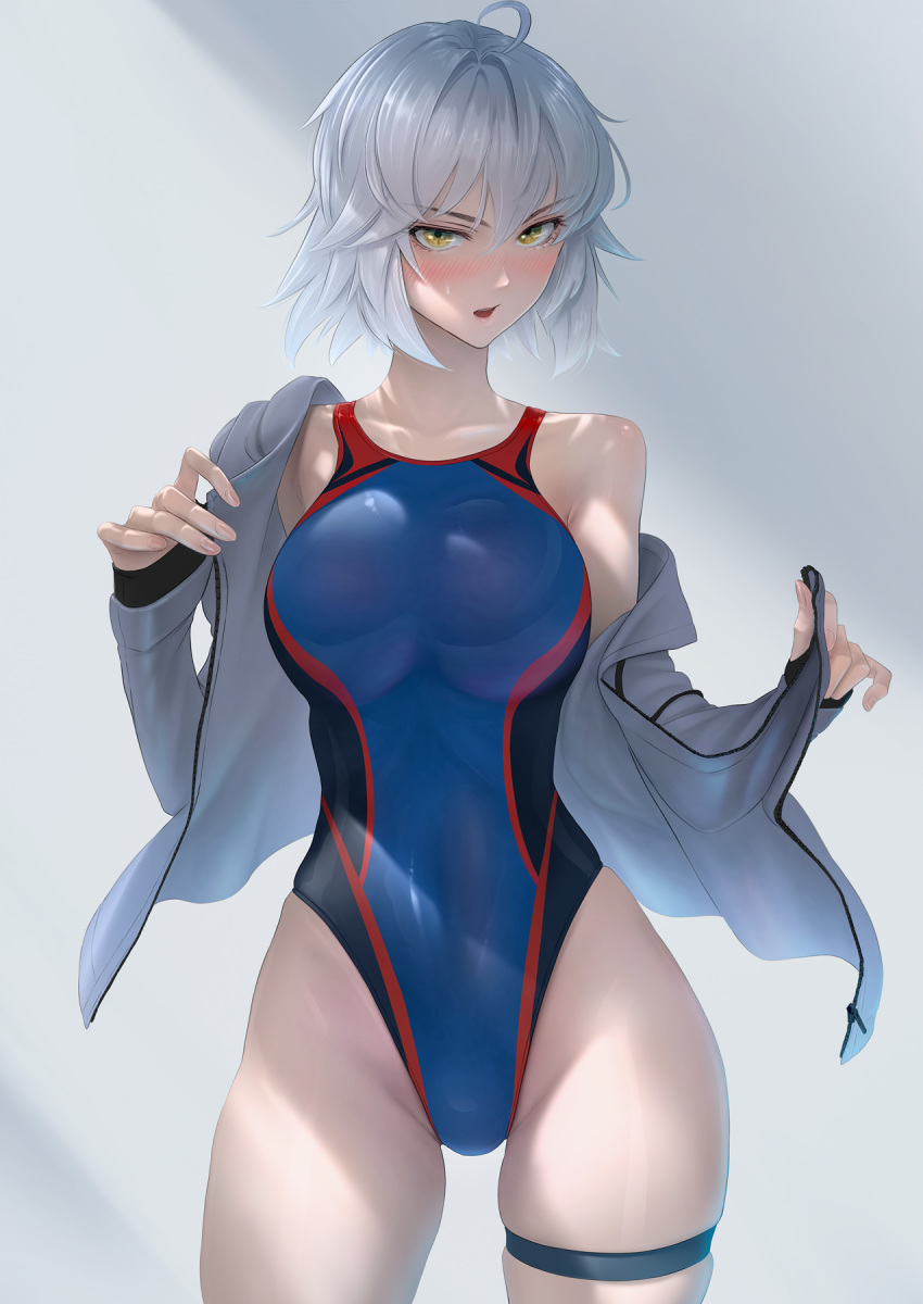 1girl bangs bare_shoulders blue_swimsuit blush breasts covered_navel fate/grand_order fate_(series) grey_background grey_jacket highleg highleg_swimsuit highres imizu_(nitro_unknown) jacket jeanne_d'arc_(alter)_(fate) jeanne_d'arc_(fate)_(all) large_breasts long_sleeves looking_at_viewer off_shoulder one-piece_swimsuit open_clothes open_jacket open_mouth short_hair swimsuit thigh_strap thighs yellow_eyes
