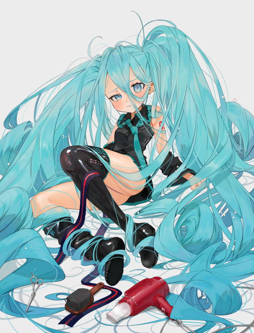 1girl aqua_hair artist_name bare_shoulders black_footwear black_skirt blue_eyes boots clenched_hand collared_shirt commentary_request detached_sleeves entangled gotoh510 hair_brush hair_dryer hair_ribbon half-closed_eye hatsune_miku highres knee_up long_hair looking_at_viewer loose_necktie messy_hair necktie on_floor pleated_skirt pout ribbon scissors shirt simple_background sitting skirt sleeveless sleeveless_shirt solo thigh-highs thigh_boots very_long_hair vocaloid white_background younger