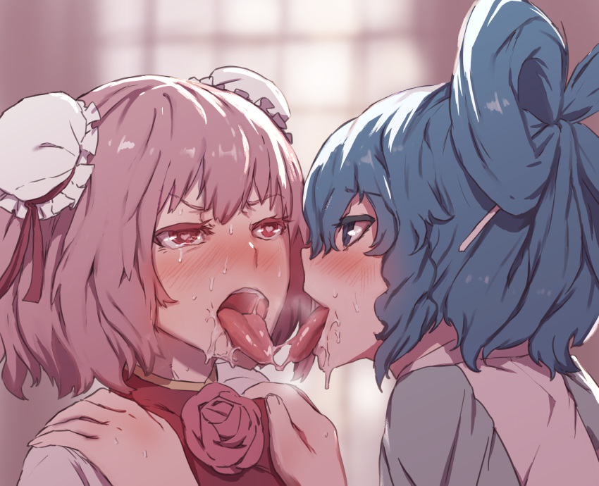 2girls bangs blue_eyes blue_hair blush bun_cover colored_eyelashes commentary_request double_bun eye_contact flower hair_rings hands_on_another's_shoulders highres ibaraki_kasen kaku_seiga looking_at_another multiple_girls nose_blush open_mouth pink_eyes pink_flower pink_hair pink_rose portrait rose saliva senmuts short_hair tongue tongue_out touhou yuri