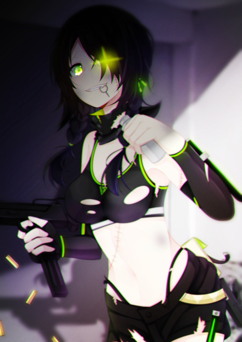 1girl absurdres arm_sheath bandana belt bikini bikini_top black_bikini black_gloves black_hair black_panties black_shorts blur braid breasts chromatic_aberration crop_top detached_sleeves explosive finger_on_trigger fingerless_gloves girls_frontline gloves glowing glowing_eye green_eyes green_trim grenade grenade_pin grin gun hair_over_one_eye highres holding holding_grenade holding_gun holding_weapon indoors kinoshita_akira knife knife_holster long_hair low_twintails mac-10 mac-10_(girls_frontline) medium_breasts midriff navel panties shadow shell_casing shorts single_fingerless_glove single_glove smile solo stitches submachine_gun sunlight swimsuit thigh_sheath thong tied_hair torn_clothes twin_braids twintails underwear weapon