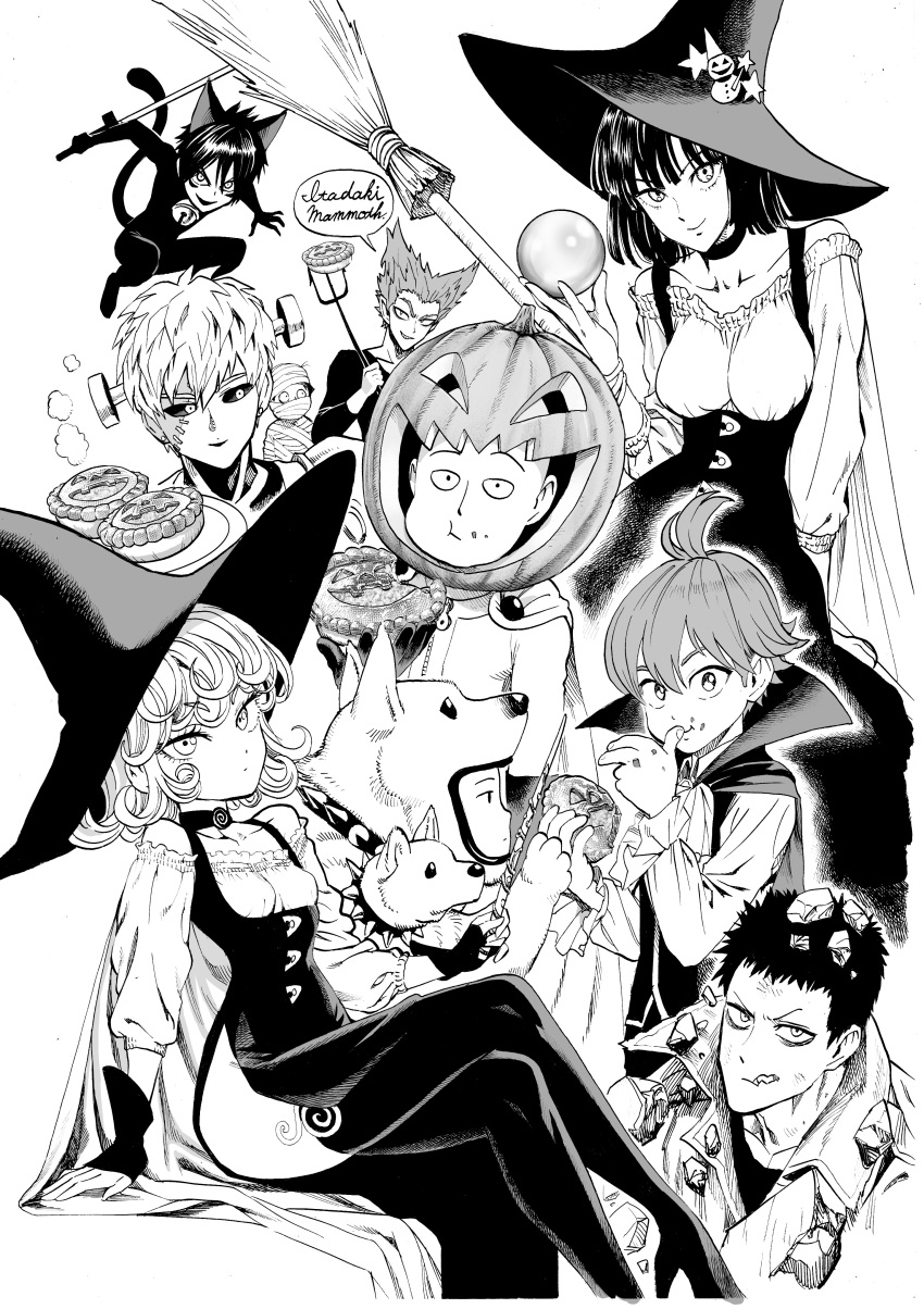 2girls 6+boys absurdres animal_ears bandages bangs bare_shoulders bell bell_collar black_sclera blunt_bangs blunt_ends breasts broom cape cat_boy cat_ears cat_tail character_request choker cigarette collar collarbone crystal_ball curly_hair doutei_(one-punch_man) eating food fubuki_(one-punch_man) garou_(one-punch_man) genos hat high_heels highres holding holding_food jack-o'-lantern looking_at_viewer medium_breasts monochrome multiple_boys multiple_girls mummy murata_yuusuke one-punch_man onsoku_no_sonic pie polearm saitama_(one-punch_man) short_hair simple_background sitting small_breasts smile speech_bubble spiked_collar spikes stitches tail tatsumaki thigh-highs trench_coat trident weapon white_background witch_hat zombieman