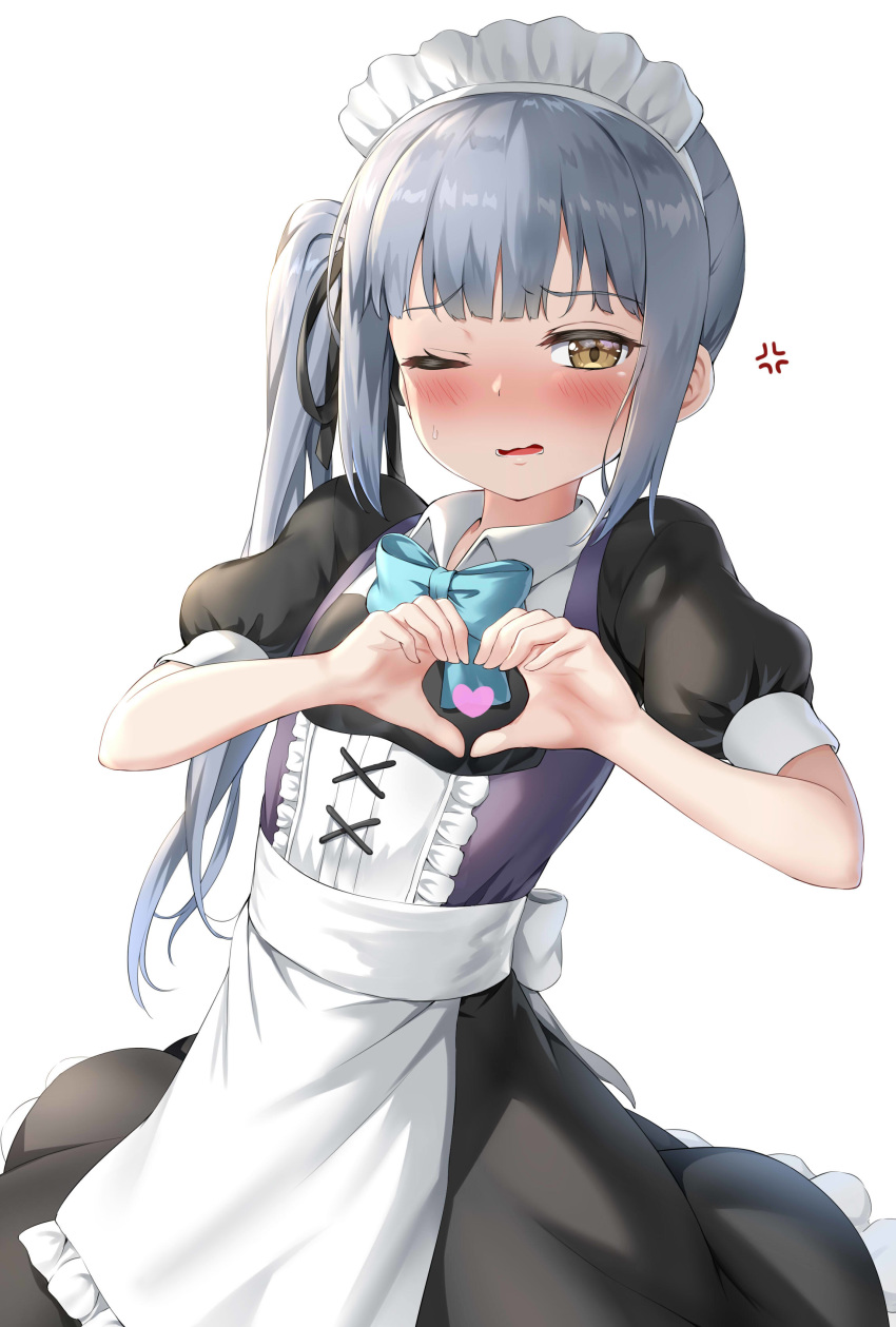 1girl absurdres alternate_costume anger_vein apron bangs black_dress black_legwear blue_bow blue_neckwear blush bow bowtie brown_eyes cowboy_shot dress embarrassed enmaided eyebrows_visible_through_hair frilled_apron frills hair_ribbon heart heart_hands highres kantai_collection kasumi_(kantai_collection) long_hair looking_at_viewer maid maid_apron maid_headdress nedia_(nedia_region) nose_blush one_eye_closed open_mouth puffy_short_sleeves puffy_sleeves ribbon short_sleeves side_ponytail silver_hair simple_background solo waist_apron white_apron white_background