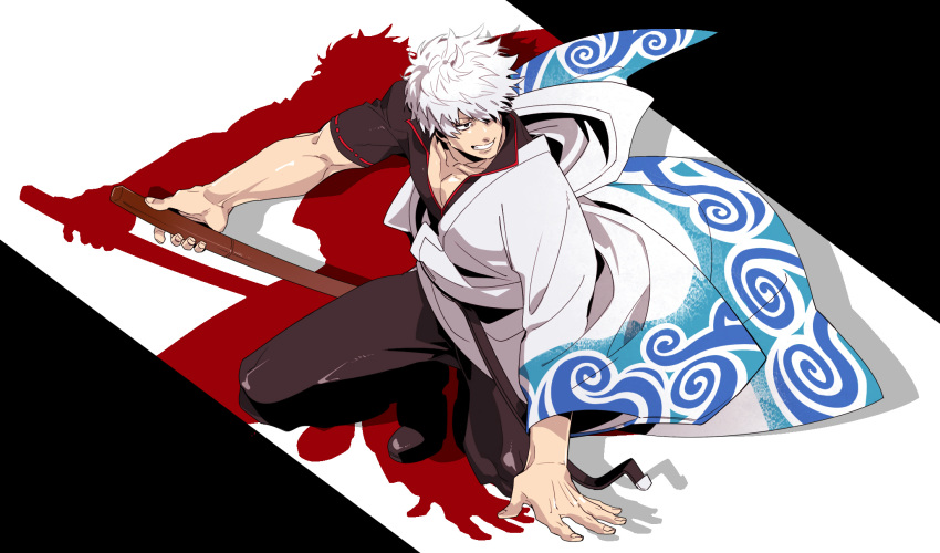1boy bangs bara belt brown_eyes chest collarbone fighting_stance full_body gintama gomokumeshi hair_between_eyes hair_over_one_eye hand_on_floor highres holding holding_sword holding_weapon japanese_clothes katana kimono long_sleeves looking_to_the_side male_focus manly muscle open_clothes open_kimono open_shirt pants revealing_clothes sakata_gintoki shadow shiny shiny_hair shirt shoes short_sleeves silver_hair simple_background smile solo sword toned toned_male weapon wooden_sword