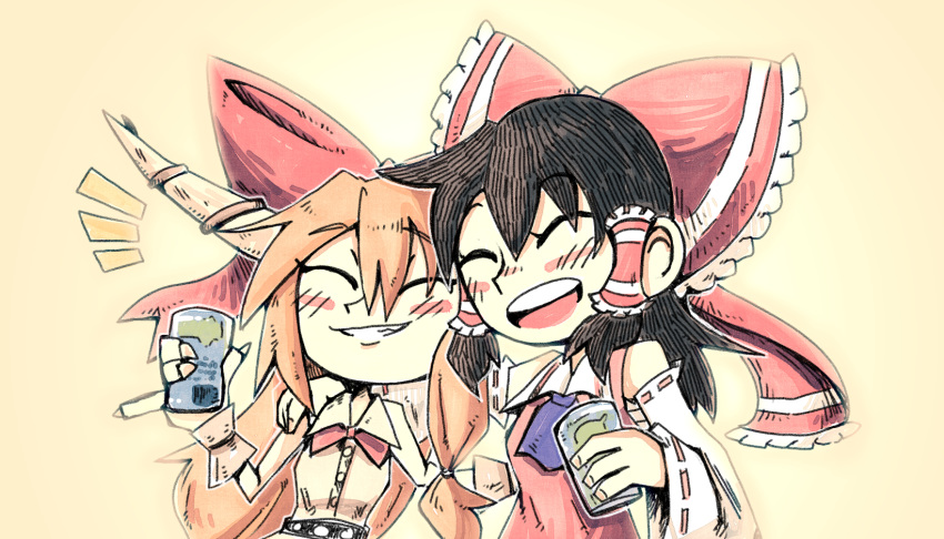 2girls :d arm_around_shoulder arm_up beer_can black_hair blue_neckwear blush_stickers can closed_eyes cravat cuffs detached_sleeves english_commentary eyebrows_visible_through_hair fingernails grin hair_between_eyes hair_ribbon hair_tubes hakurei_reimu hand_on_another's_back hand_on_another's_shoulder head_to_head highres holding holding_can horns ibuki_suika long_fingernails multiple_girls open_mouth orange_hair pinky_out red_neckwear ribbon ribbon-trimmed_sleeves ribbon_trim setz shackles shirt simple_background sleeveless sleeveless_shirt smile standing touhou upper_body upper_teeth wrist_cuffs yellow_background