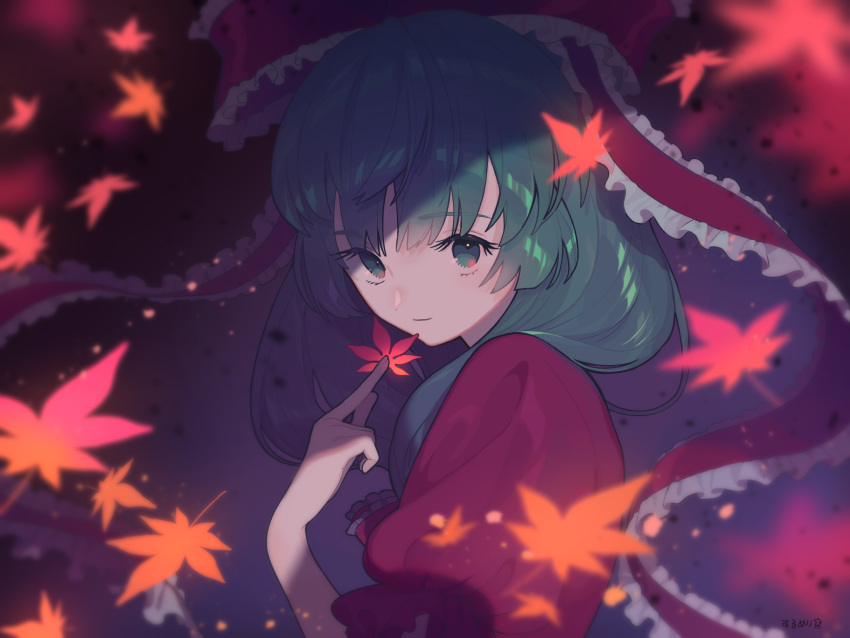 1girl autumn_leaves bangs blurry bow closed_eyes closed_mouth commentary_request depth_of_field eyebrows_visible_through_hair falling_leaves frilled_bow frills from_side front_ponytail green_eyes green_hair hair_bow highres holding holding_leaf kagiyama_hina leaf long_hair looking_at_viewer looking_to_the_side maple_leaf puffy_short_sleeves puffy_sleeves red_bow short_sleeves signature smile solo surumeri_(baneiro) touhou upper_body